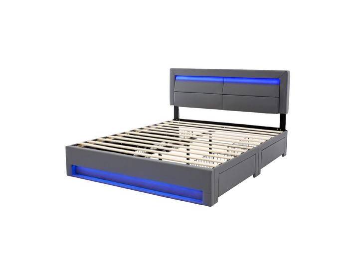 BlingBin Polsterbett Jugendbett, Doppelbett, 160 x 200 cm (1er Set, 1-tlg., mit USB-Anschluss (unterstützt kabelloses und kabelgebundenes Laden), mit LED-Beleuchtung und vier Schubladen, PU-Litschi-Muster, Grau von OTTO