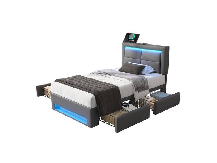 BlingBin Polsterbett Jugendbett mit LED-Beleuchtung und vier Schubladen, PU-Litschi-Muster (1er Set, 1-tlg., 90x200 cm, Ohne Matratze, Max Belastbarkeit: 150KG, Grau), Mit USB-Anschluss (Unterstützt Kabelloses und Kabelgebundenes Laden), grau von OTTO
