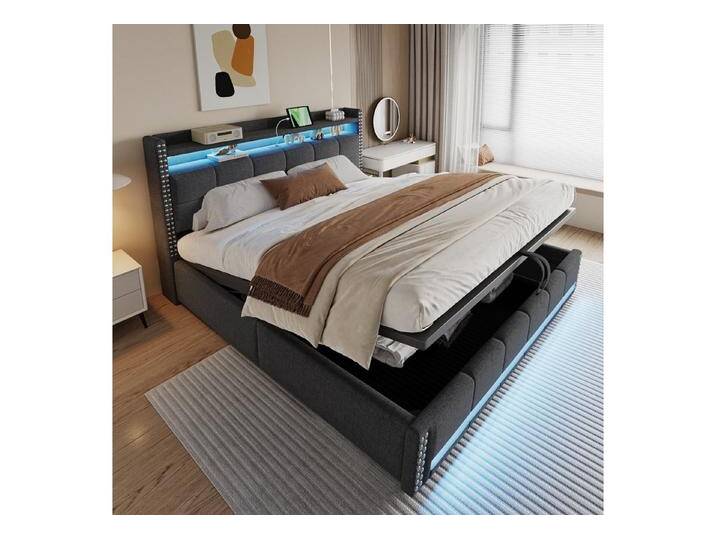 BlingBin Polsterbett Stauraumbett Doppelbett 180x200cm (1er Set, 1-tlg., mit LED-Beleuchtung und USB-Steckdose), Kopfteil mit Einlegeböden und Stauraum, Mit Hydraulik für die Lagerung von OTTO