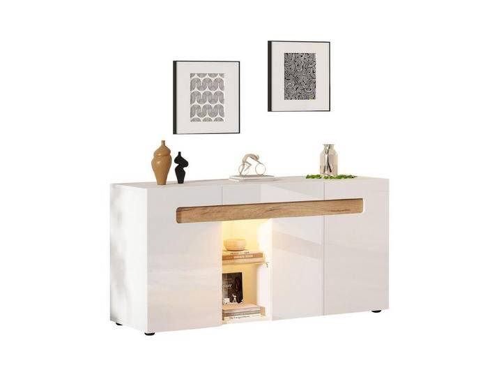 BlingBin Sideboard Hochglanz-Anrichte Buffetschrank Beistellschrank Vitrinenschränke (Aufbewahrungsschrank mit 3 Türen und 2 Offene Fächer, Glasboden, Wohnzimmerschrank mit App-Steuerung, 1 St., Größe: 140x40x70 cm, Gesamttragfähigkeit von 45 kg), Lagerschrank mit LED-Lichtsteuerung, Spanplatte von OTTO