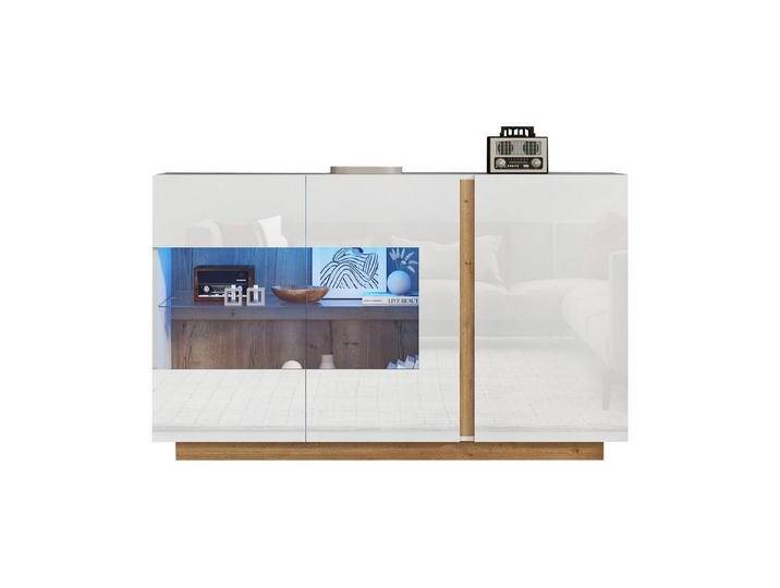 BlingBin Sideboard Kommode, Schrank, Flurschrank 138x38x90,5cm (1er Set, 1 St., weiße Spanplatte mit Glas, Holzsockel), Sideboard Hochglanz Kommode, Wohnzimmerschrank von OTTO
