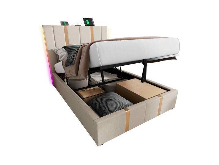 BlingBin Stauraumbett (1-tlg., Einzelbett APP-Control LED 90×200), USB Type C Ladefunktion, Lattenrost aus Holz, Leinenmaterial, beige von OTTO