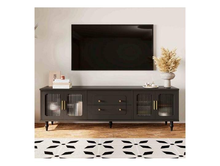 BlingBin TV-Schrank Lowboard (1-St., TV-Möbel im Retro-Stil: goldene Griffe, viel Stauraum) Mit Glastür,Beinen aus Massivholz,Breit 175CM, schwarz von OTTO