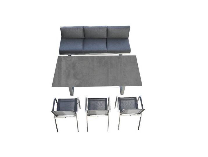 CASA DOMA Garten-Essgruppe Aragona/Falerna/Mineo, (Gartenmöbel-Set, 5-tlg., Gartentisch mit Diningbank und 3 Stapelstühlen), Edelstahl, HPL, Textilgewebe schwarz-silber von OTTO