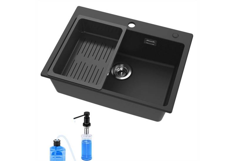 CECIPA MAX Granitspüle 60×45cm Aufsatzspüle für die Küche, mit Seifenspender, Rechteckig Spülbecken mit Abtropfkorb, für ab 60 cm Unterschrank von CECIPA MAX
