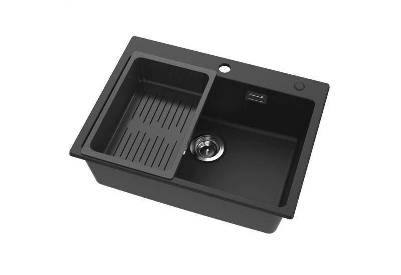 CECIPA MAX Granitspüle Schwarz 60 x 45 cm eckige Spülbecken, Granit Küchenspüle für ab 60er-Unterschrank, Aufsatz Spüle mit Abtropfkorb von CECIPA MAX