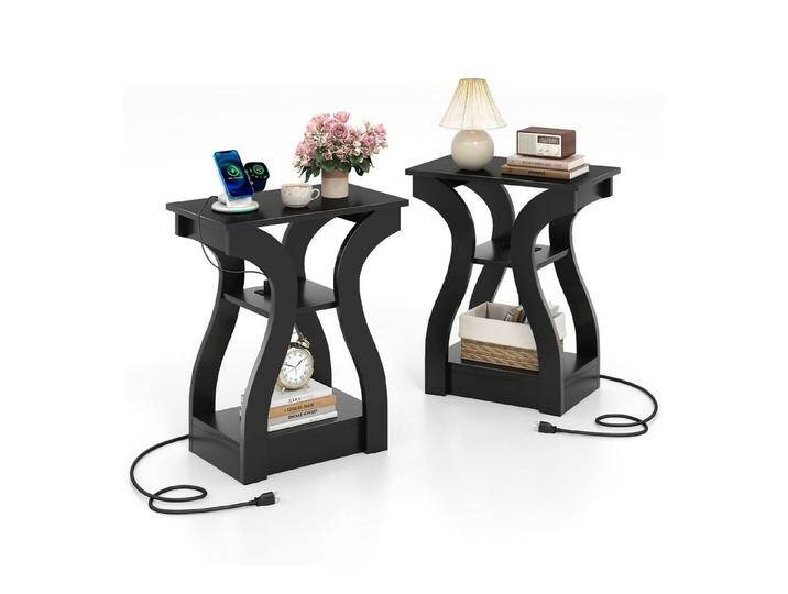 COSTWAY Beistelltisch (2er Set), 3-stöckiger Nachttisch mit Ladestation Holz schwarz, schwarz von OTTO