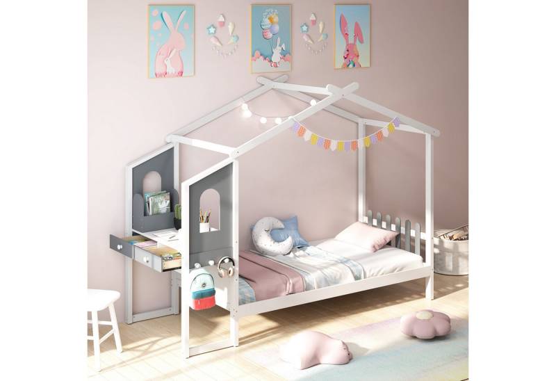 COSTWAY Kinderbett, Hausbett, mit Lattenrost & Schreibtisch, 90x200cm von COSTWAY
