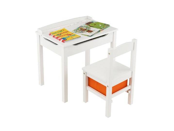 COSTWAY Kindersitzgruppe, (2-tlg), Kinderschreibtisch mit Stuhl, Holz, mit Stauraum, weiß, Weiß von OTTO