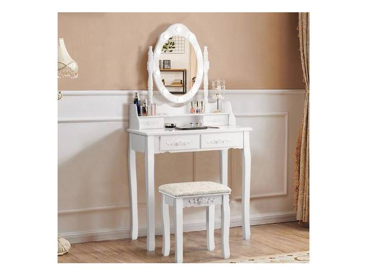 COSTWAY Schminktisch mit drehbarem Spiegel, Beleuchtung (mit Hocker), 4 Schubladen, weiß, Weiß von OTTO