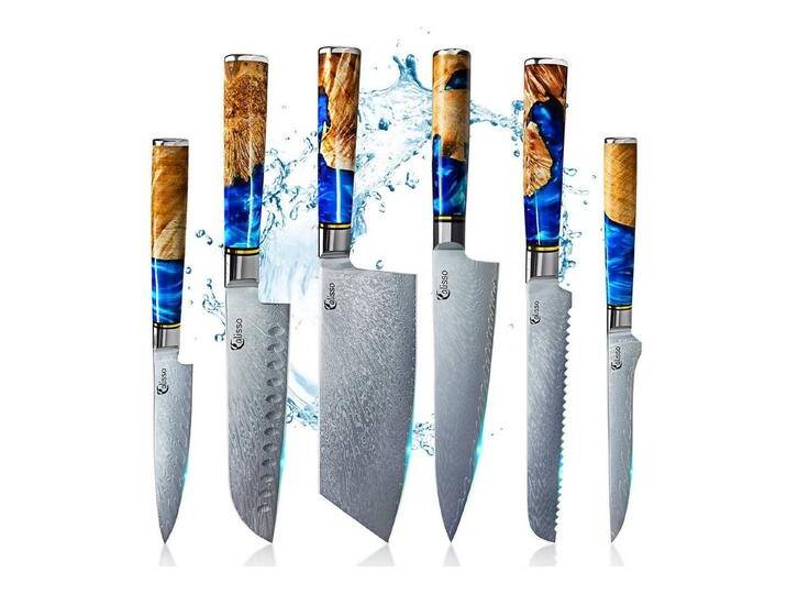 Calisso Messer-Set Aquamarine Line Küchenmesser Damastmesser Messerset (Advanced Set, 6-tlg., Inklusive Klingenschutz und hochwertiger Holzbox) von OTTO