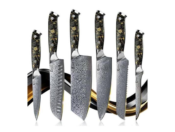 Calisso Messer-Set Gold&Ash Line Küchenmesser Damastmesser Messerset (Advanced Set, 6-tlg., Inklusive Klingenschutz und hochwertiger Holzbox) von OTTO