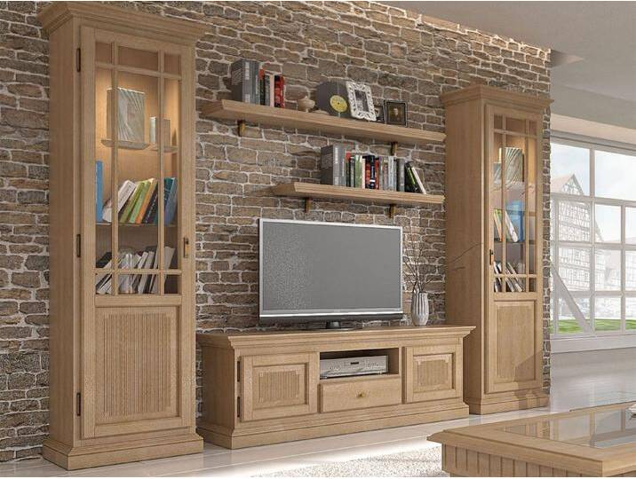 Casamia Schranksystem Wohnzimmer Schrank Set Wohnwand Duett Vitrine TV Lowboard Pinie massiv, mit LED-Beleuchtung, Pinie karamell von OTTO