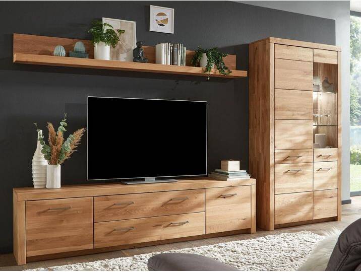 Casamia Wohnwand Wohnwand Massivholz 330x204cm Vitrine Lowboard Wandbord Faro Wildeiche, mit LED-Beleuchtung von OTTO