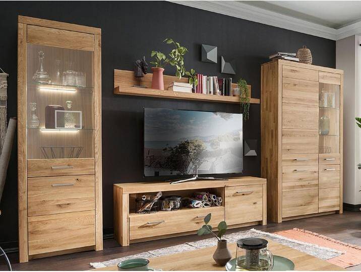 Casamia Wohnwand Wohnwand Massivholz 340x204cm 2 Vitrinen Lowboard Faro Wildeiche, mit LED-Beleuchtung von OTTO