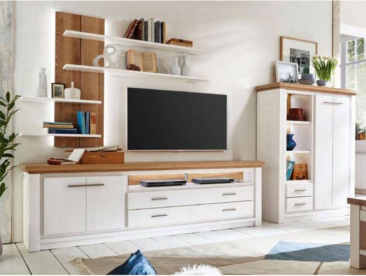 Casamia Wohnwand Wohnwand Olbia Highboard TV Lowboard Wandregal massiv weiß natur geölt, mit LED-Beleuchtung von OTTO