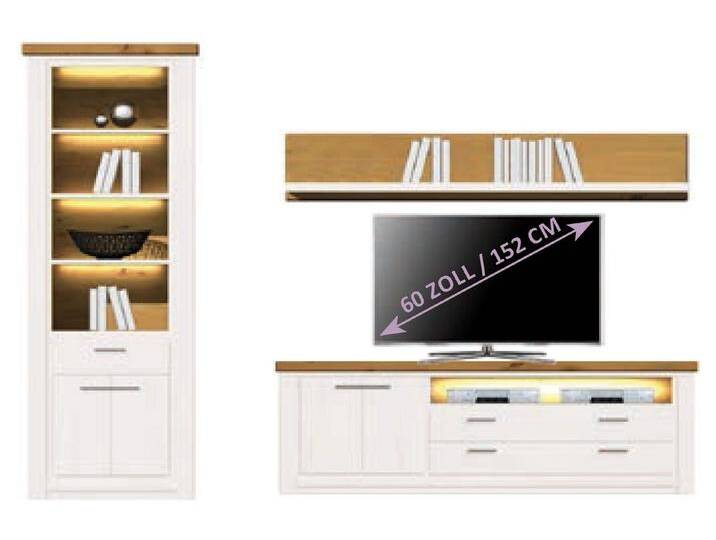 Casamia Wohnwand Wohnwand Olbia Regal Schrank TV Lowboard Bücherbord massiv weiß natur, mit LED-Beleuchtung von OTTO