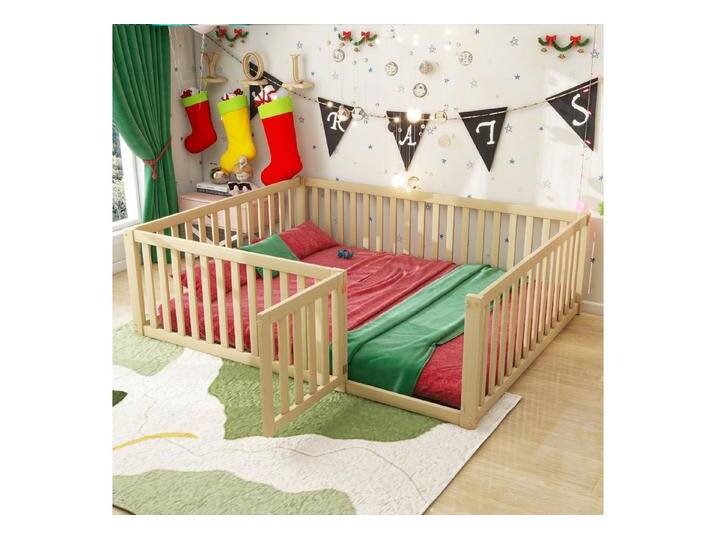 Celya Kinderbett Bodenbett Bett 140 x 200, Holzboden Bettrahmen mit Zaun und Tür (Holzfarbe), beige, Holzfarbe von OTTO