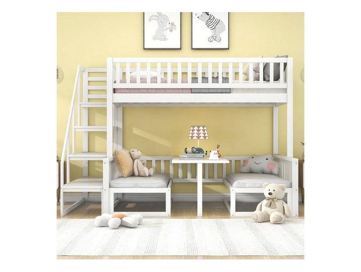 Celya Kinderbett Doppelbett 90 × 200cm und 120 × 200cm mit verstellbarem Tisch, Platzersparnis Vierseitiges Geländer Sicherheitsleiter mit Handlauf von OTTO