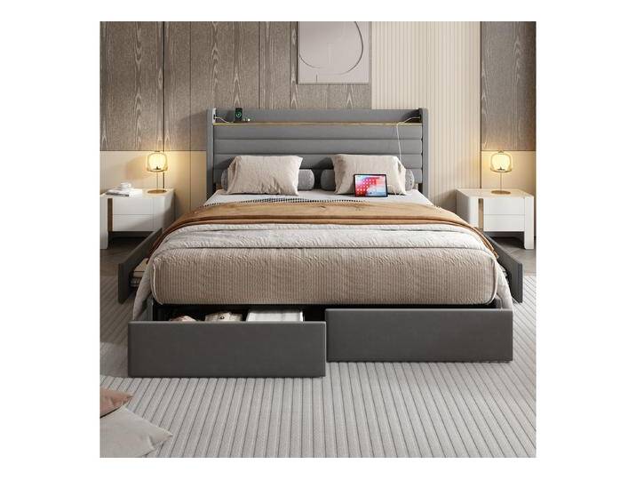 Celya Polsterbett Doppelbett Kopfteil Mit Usb-Anschluss, Aufbewahrungsfunktion (4 Schubladen An Der Unterseite Des Bettgestells, Mit Samt Gepolstertes Bettgestell), 160 x 200 Cm Großes, Modernes Bettgestell, grau von OTTO