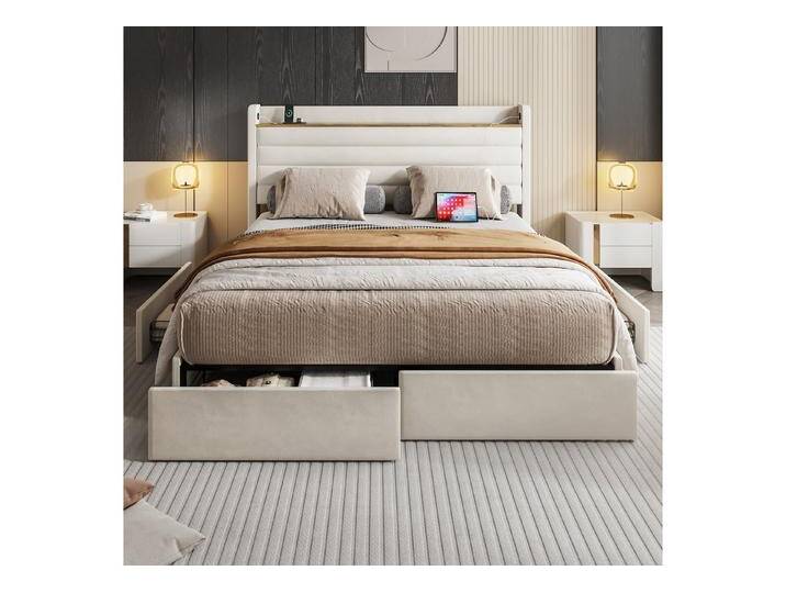 Celya Polsterbett Doppelbett Kopfteil Mit Usb-Anschluss, Aufbewahrungsfunktion (4 Schubladen An Der Unterseite Des Bettgestells, Ohne Matratze, Mit Samt Gepolstertes Bettgestell), 160 x 200 Cm Großes, Modernes Bettgestell, beige von OTTO