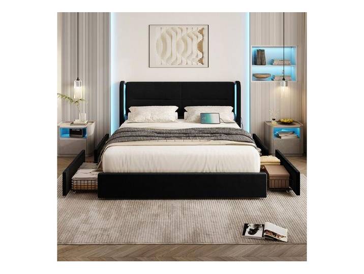 Celya Polsterbett Doppelbett mit LED-Beleuchtung im Kopfteil (USB-Dual-Anschlüssen und eleganten Bettflügeln für zusätzlichen, 4 praktischen Aufbewahrungsschubladen, dicker Polsterung), Modernes 160 x 200 cm Bettgestell, schwarz von OTTO