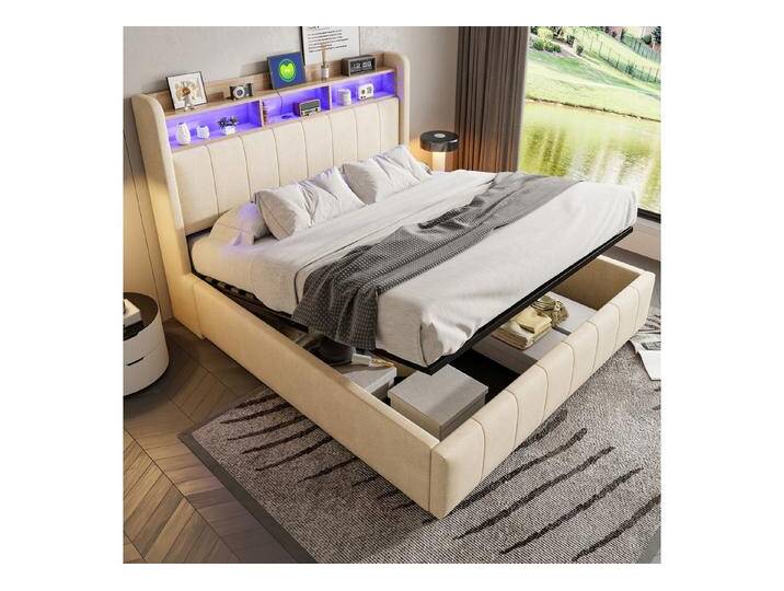 Celya Polsterbett Doppelbett mit LED-Beleuchtung und USB-Steckdose (Ohne Matratze, Erwachsenenbett Doppelt, Leinenstoff, 160*200cm), Kopfteil mit Einlegeböden und Stauraum, Mit Hydraulik für die Lagerung, beige von OTTO