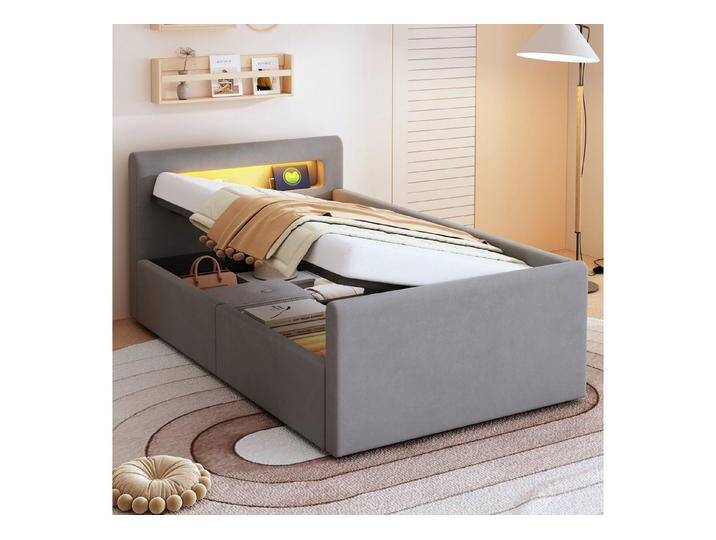 Celya Polsterbett Kinderbett, Mit LED-Licht, Mit Nachtlicht und USB-Ladeanschluss (Ohne Matratze, Jungen- und Mädchenbetten, Samtstoff), 90*200 cm, Mit Regal, Mit Hydraulischem Stauraum, Einfaches Einzelbett von OTTO