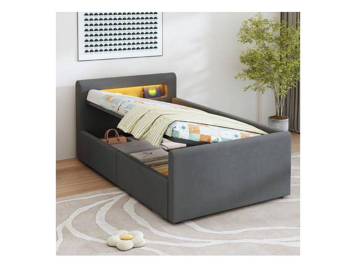 Celya Polsterbett Kinderbett, Mit LED-Licht, Mit Nachtlicht und USB-Ladeanschluss (Ohne Matratze, Jungen- und Mädchenbetten, Samtstoff), 90*200 cm, Mit Regal, Mit Hydraulischem Stauraum, Einfaches Einzelbett von OTTO