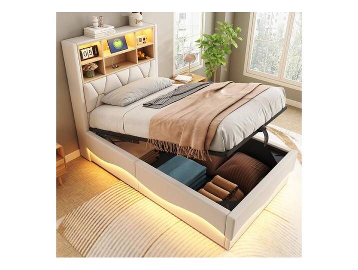 Celya Polsterbett Kinderbett mit hydraulischem Stauraum APP-gesteuertes (90×200 cm), LED-Lichtband USB-Ladeanschluss Metall-Lattenrost Leinenpolsterung, beige von OTTO