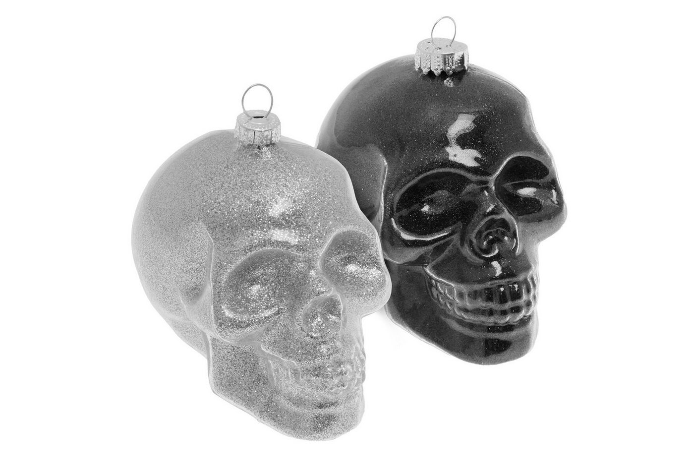 Krebs Glas Lauscha Christbaumschmuck Totenkopfform 10cm mit schwarzen und silbernern Glitter, Glasornament, (2-tlg) von Krebs Glas Lauscha