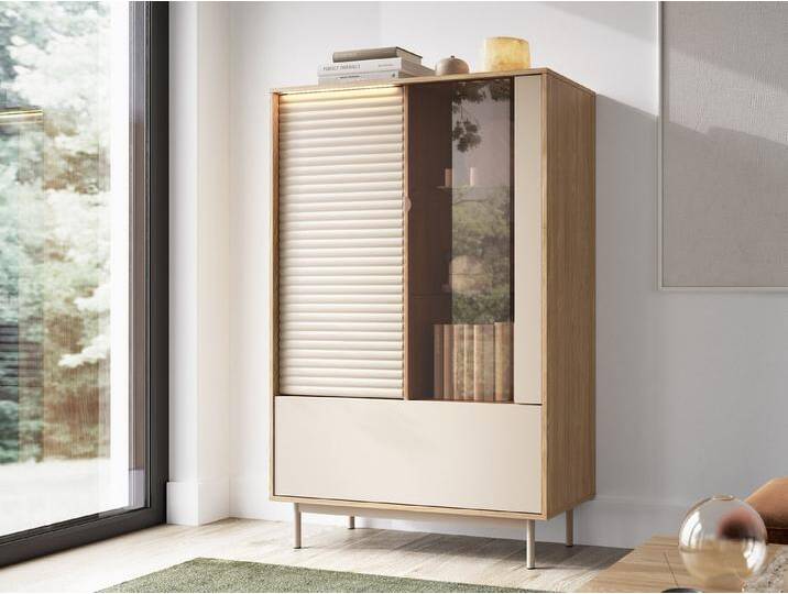 Compleo Standvitrine Glasvitrine mit 3 Türen, Skandinavisches Design fürs Wohnzimmer LAMI, beige, mit LED-Beleuchtung von OTTO