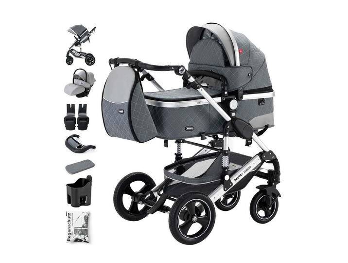 Daliya® Kombi-Kinderwagen BAMBIMO 3in1 Kinderwagen & Buggy mit Auto-Babyschale und Adapter, (XXL-Set inkl. Wickeltasche und Spieltisch, 15-tlg), Babyschale, Airless-Räder, Federung, weiche Matratze von OTTO