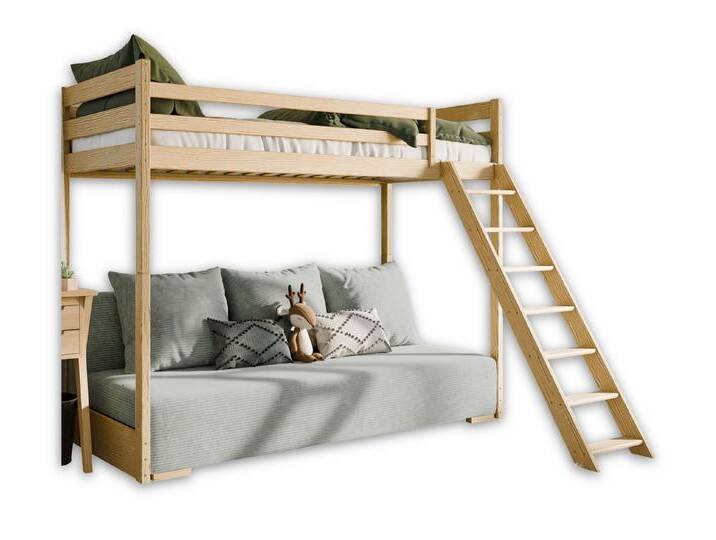 Deine Möbel 24 Etagenbett Jugendbett Couch SIDNEY 90x200/140x200 mit Schlaffunktion (Set, 3-St., Couch in Cord Samt inkl 3 großee Kissen, Weiss Kiefer Natur Grau Beige), Funktionsbett aus Kiefernholz Vollholz inkl. Leiter Lattenrost von OTTO