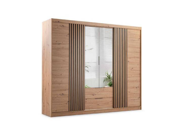 Deine Möbel 24 Kleiderschrank MAROKO 250 cm mit Spiegel, Schiebetüren, Lamellen & Schubladen (Pflegeleichte, robuste Oberfläche (Laminatplatte, 16 mm), 1-St., Perfekter Schwebetürenschrank für Flur, Garderobe, Schlafzimmer) Drehtürenschrank in Artisan Eiche / Weiß matt von OTTO
