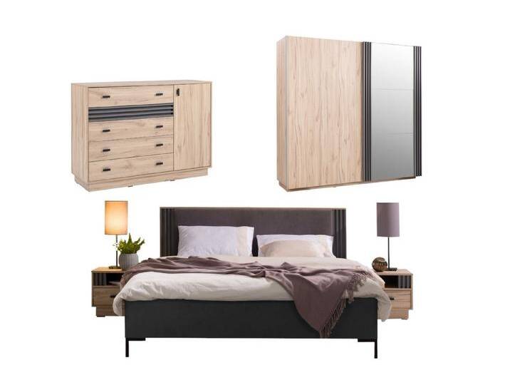 Deine Möbel 24 Komplettschlafzimmer ALL II Schlafzimmer-Set mit Lamellen, 5-tlg., Set), Schiebetürenschrank 2 Nachttische Kommode Doppelbett 160x200, beige von OTTO