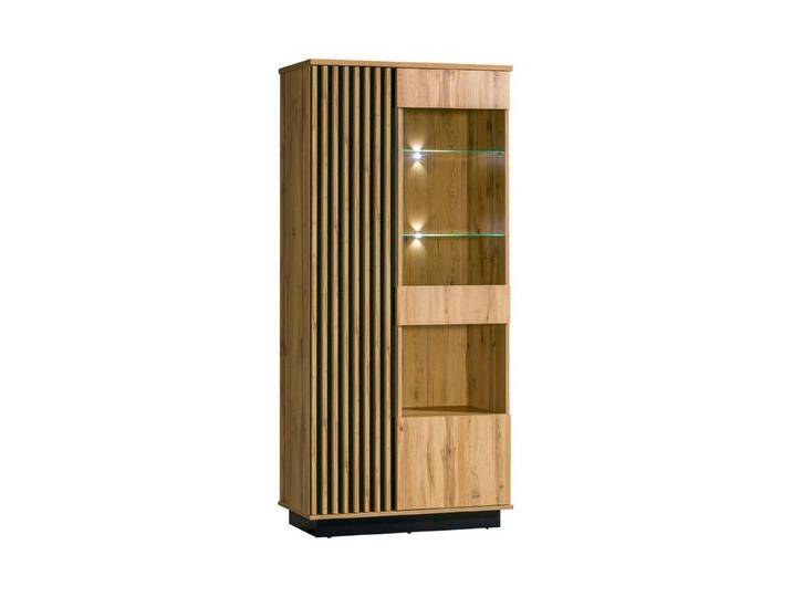 Deine Möbel 24 Standvitrine LAMI 3 Vitrine LED-Beleuchtung optional LAMI Kollektion (Set, 1-St., Viel Stauraum & Struktur) in Wotan Eiche/Schwarz – 3-türig mit Glas & LED-Option – 90x193x40 cm von OTTO