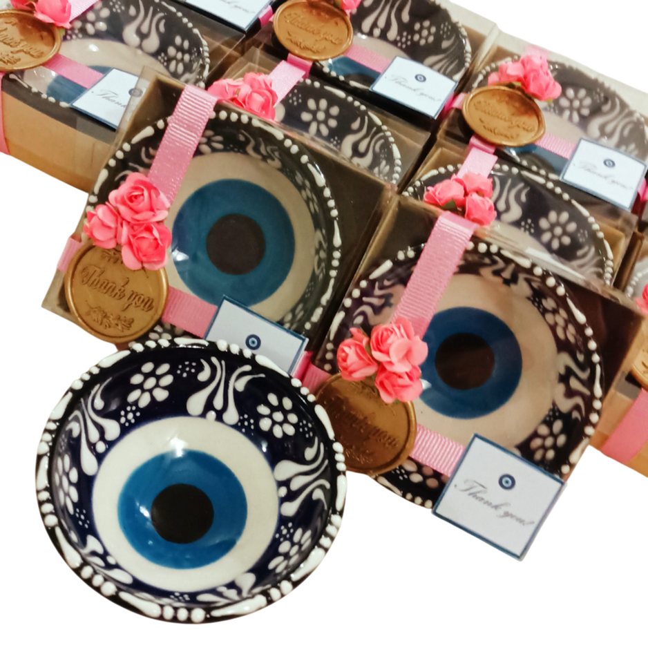 inovesis Dekoschale Keramikschale mit Nazar-Motiv und rosa Rose für Hochzeitsgäste (12 set, 12 St., (11 Set + 1 für Geschenk), Nazar-Auge Evil Eye Keramikschale von inovesis