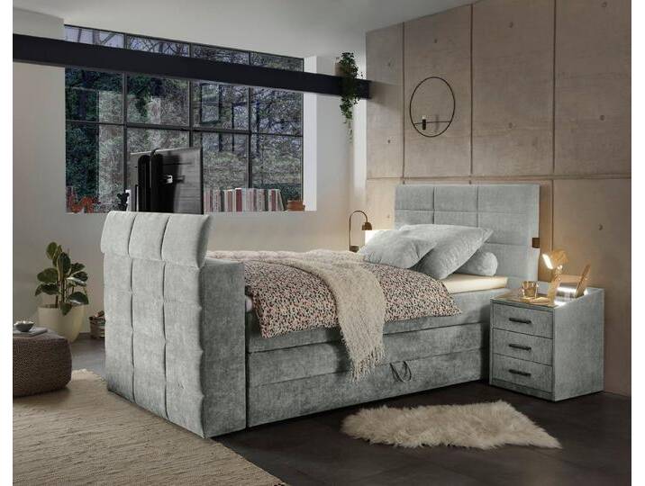 ED EXCITING DESIGN Boxspringbett Denver, inkl. 1 bzw. 2 Bettkästen, motorisierte TV-Halterung bis 40 Zoll, grau von OTTO
