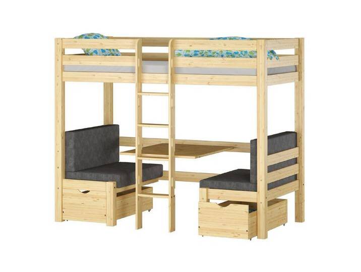 ERST-HOLZ Hochbett Kinderetagenbett 90 x 200 mit Sitzbank und Tisch Kiefer Massiv Kieferfarblos lackiert, mit Rollrost und Polster von OTTO