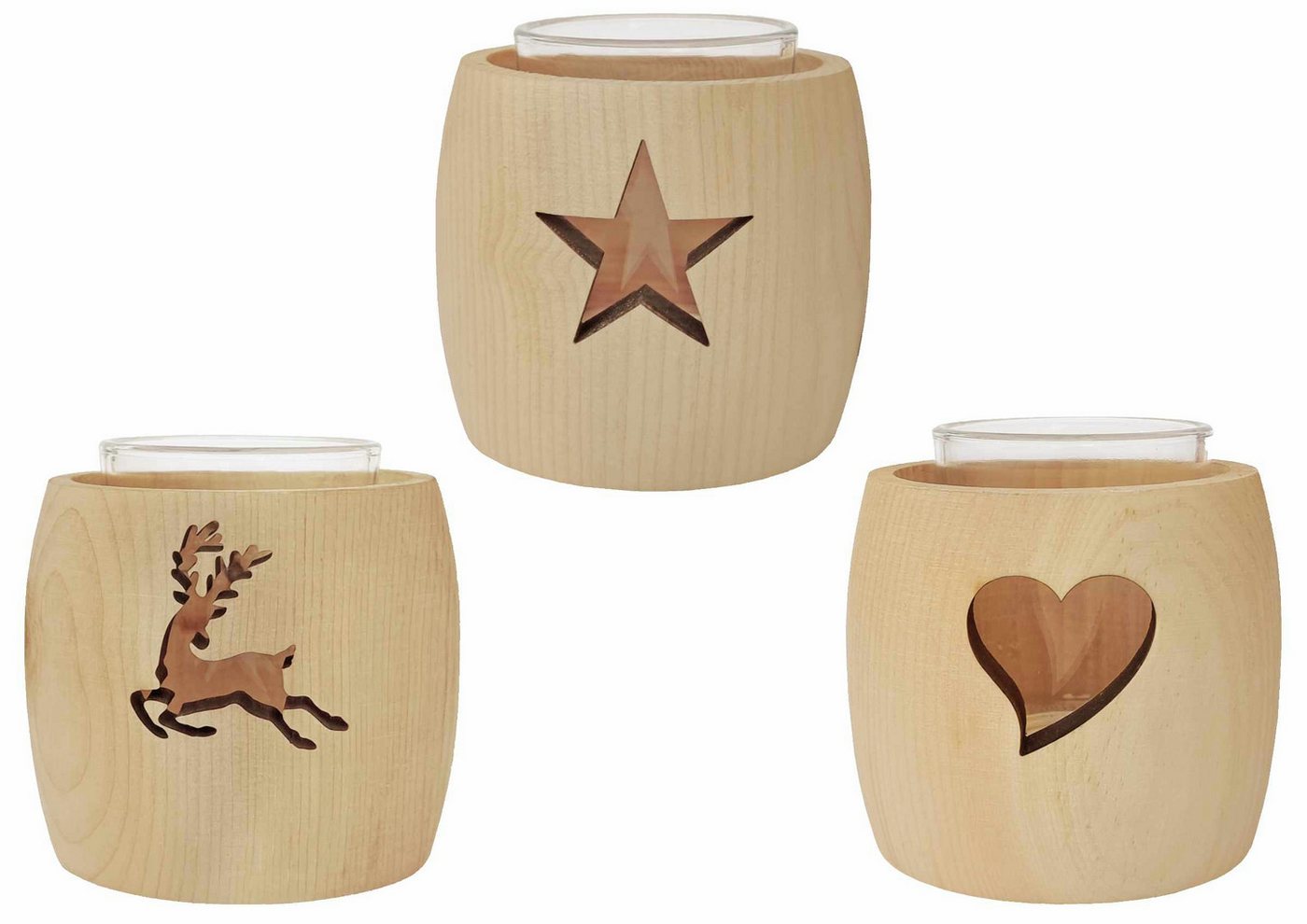 ERST-HOLZ Teelichthalter Zirben Teelichthalter mit Glas und Ausschnitt Stern Hirsch und Herz (3er Set), 3er Set von ERST-HOLZ