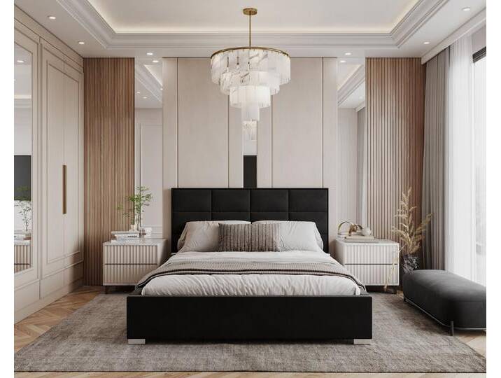 FDM Polsterbett Bettgestell Bettrahmen 120x200, 140x200, 160x200, 180x200cm (MADE IN EU - mit hochwertigem Velours Bezug, Bettrahmen, Bett, Optional mit Matratze bestellbar, mit großen gepolsterten Kopfteil), Mettelrahmen mit hydraulischer Klappfunktion für mehr Stauraum, schwarz von OTTO