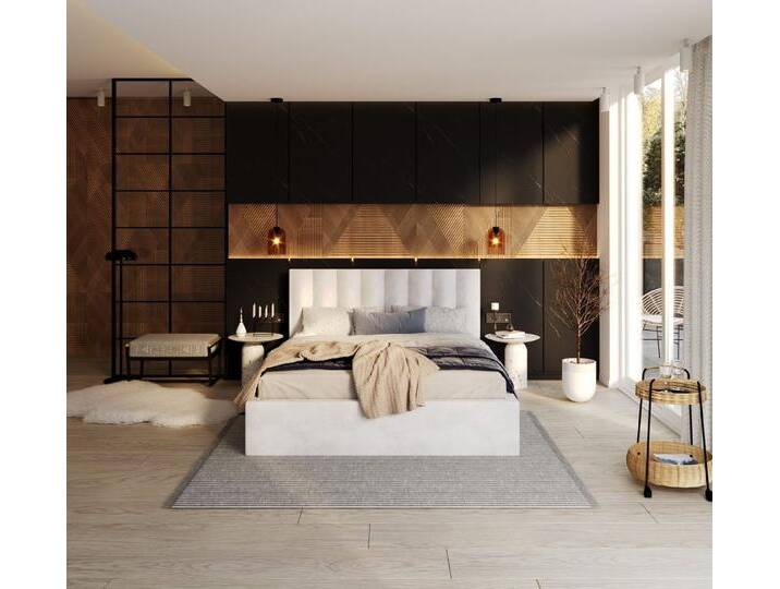 FDM Polsterbett Bettgestell Bettrahmen 120x200, 140x200, 160x200, 180x200cm (MADE IN EU - mit hochwertigem Velours Bezug Trinity, Bettrahmen, Bett, Optional mit Matratze bestellbar, mit großen gepolsterten Kopfteil, mit Bettkasten zum aufklappen), Metallrahmen mit Lattenrost, hydraulische Klappfunktion für Stauraum, weiß von OTTO