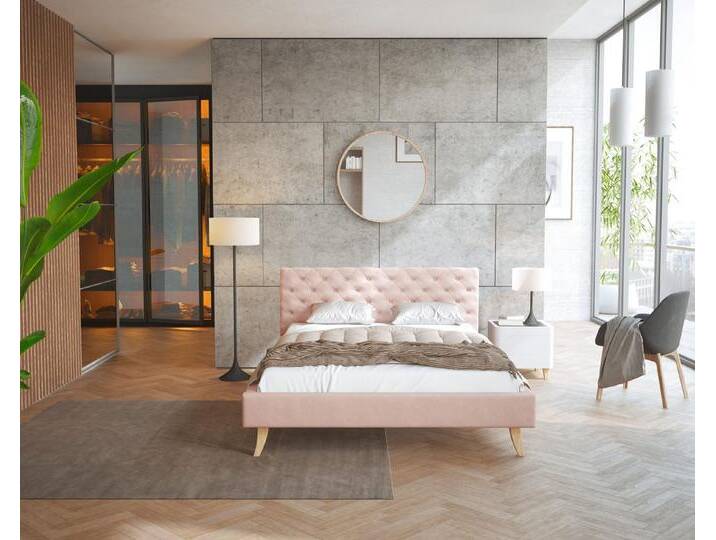 FDM Polsterbett Kalifornia Bettrahmen 120x200, 140x200, 160x200, 180x200cm (MADE IN EU - mit hochwertigem Velours Bezug, Bettrahmen, Bett, Optional mit Matratze bestellbar, mit großen gepolsterten Kopfteil aus hochwertigem Veloursstoff), Holzrahmen mit Lattenrost, rosa von OTTO