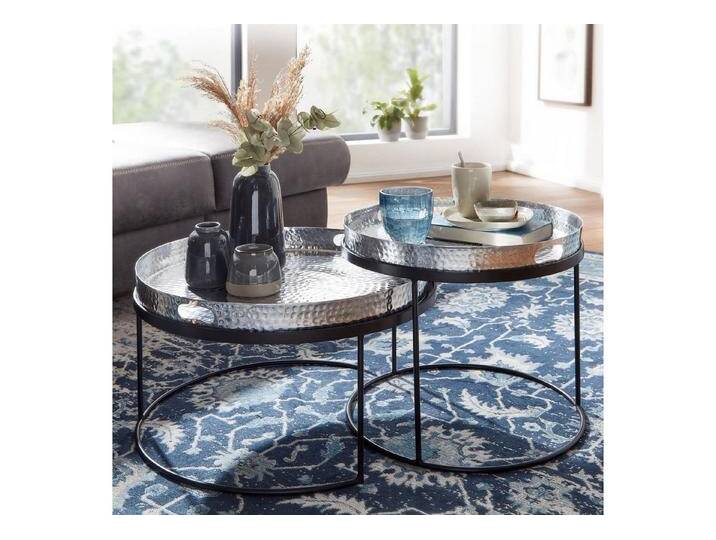 FINEBUY Satztisch FB30301 Couchtisch Set Metall Sofatisch Beistelltisch Tisch Rund (2er Set Silber / Schwarz Metall Hammerschlag Rund), Couchtisch abnehmbares Tablett von OTTO