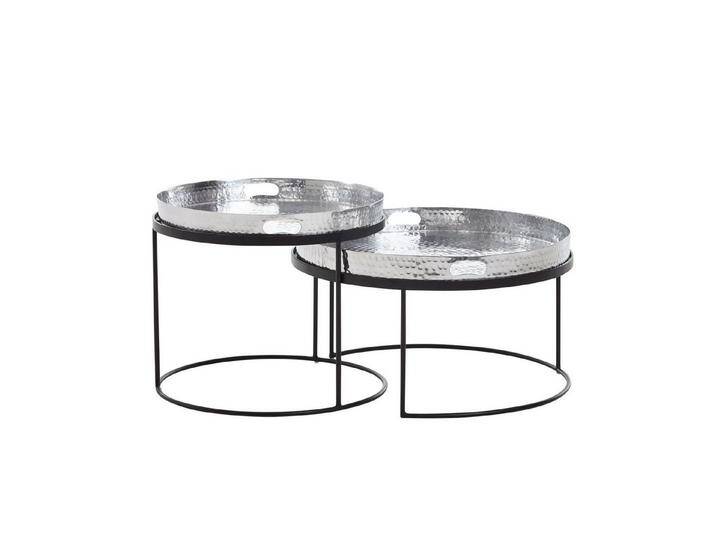 FINEBUY Satztisch FB30301 (2er Set Silber / Schwarz Metall Hammerschlag Rund), Couchtisch abnehmbares Tablett, Beistelltisch, silberfarben, Silber von OTTO
