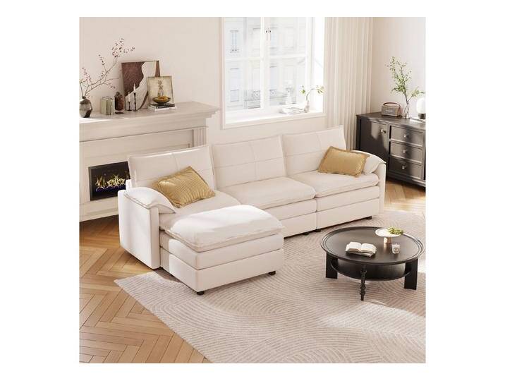 FLEXISPOT Ecksofa 4-Sitzer Sofa Sofabed mit Hocker & Stauraum, inkl. weiße Kuscheldecke, L-förmiges Ecksofa mit Dicke Sofadecke (1,5 x 1,5 m), Modulares Sofa platzsparend für Wohnzimmer Weiß von OTTO