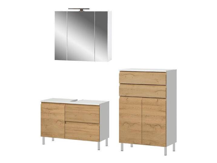 FURNARO Badezimmer-Set, (3-St), Waschbeckenunterschrank Kommode Spiegelschrank 155x190x34 cm, weiß von OTTO