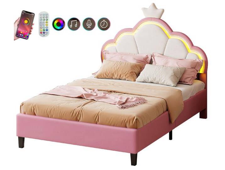 FUROKOY Polsterbett Kinderbett mit LED Kronenbett und anhebbarem Kopfteil Kronenform (Prinzessinbett Kinderbett Jugendbett aus Samt, 1-tlg., Einzelbett Bettgestell Nettes und verträumtes Mädchen Bett Rosa/Weiß), 140x200 cm,mit LED-Licht,Samt FUROKOY Polsterbett Kinderbett mit LED Kronenbett und anhebbarem Kopfteil Kronenform (Prinzessinbett Kinderbett Jugendbett aus Samt, 1-tlg., Einzelbett Bettgestell Nettes und verträumtes Mädchen Bett Rosa/Weiß), 140x200 cm,mit LED-Licht,Samt von OTTO