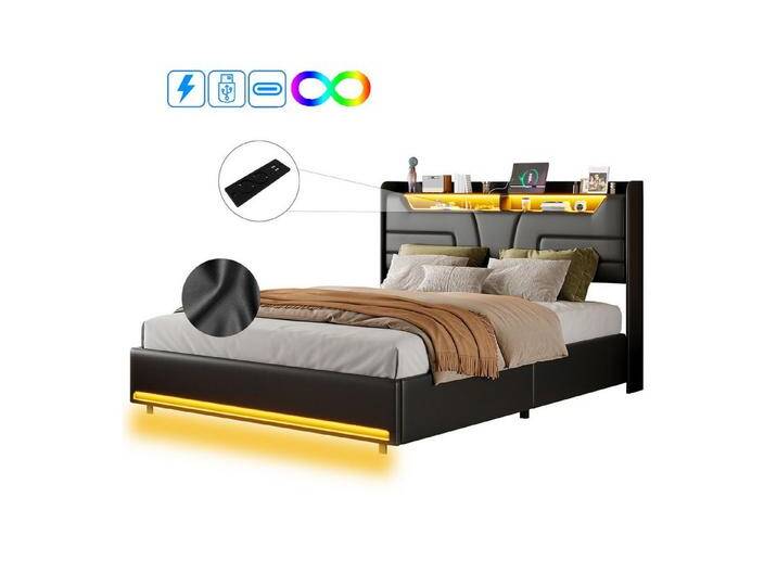 FUROKOY Polsterbett LED Hydraulisches Doppelbett Funktionsbett (mit USB-Anschluss und Steckdose, 1-tlg., LED Beleuchtung), 140x200cm Stauraumbett,Kunstleder von OTTO